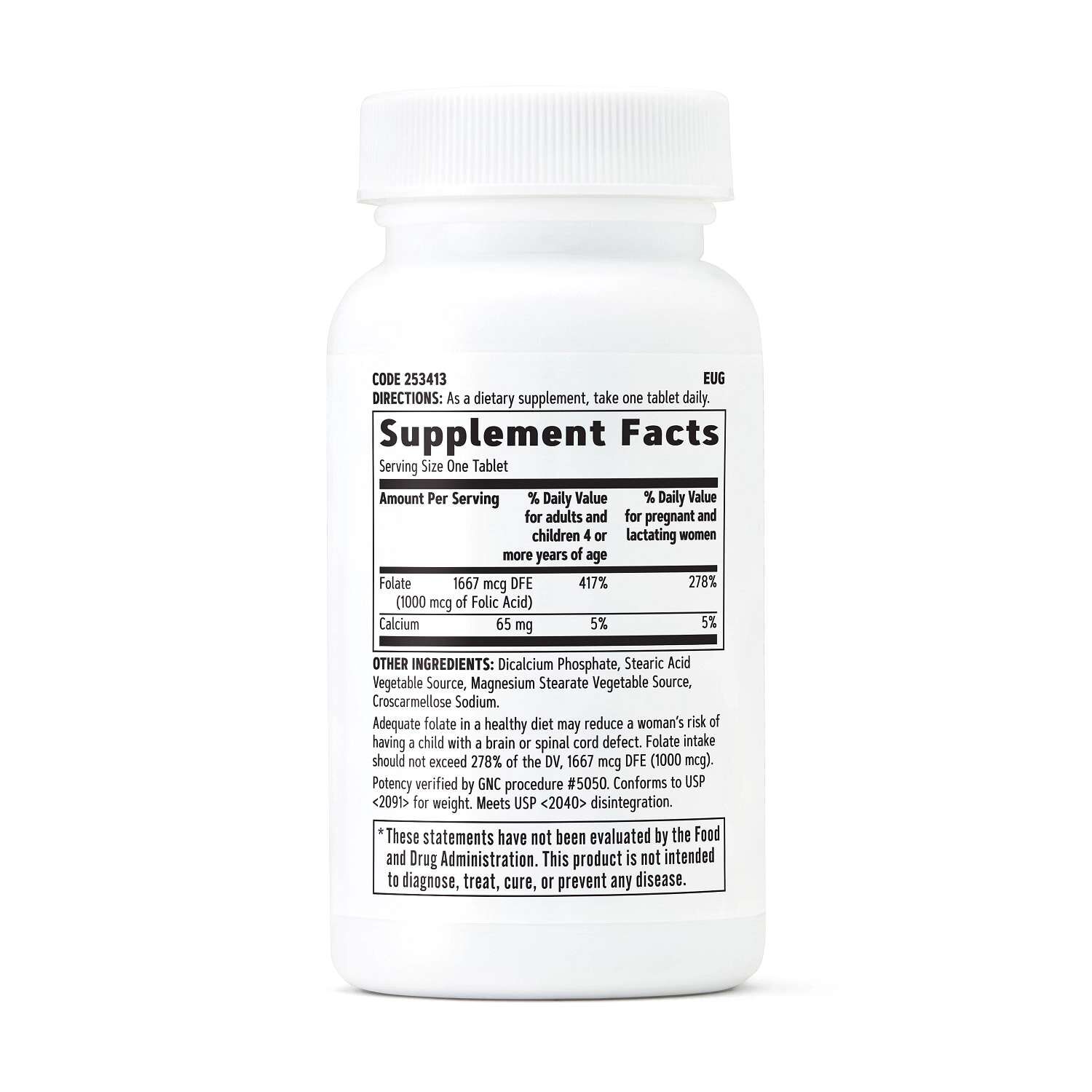 Folic Acid 1000 MCG - 100 Vegetarian Tablets (100 Servings)
